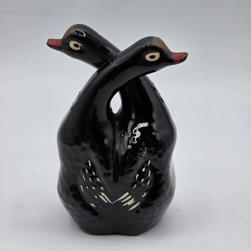 Black‎ Swan Double Salt Pepper Shaker Ceramic Figural Hand Painted with Corks